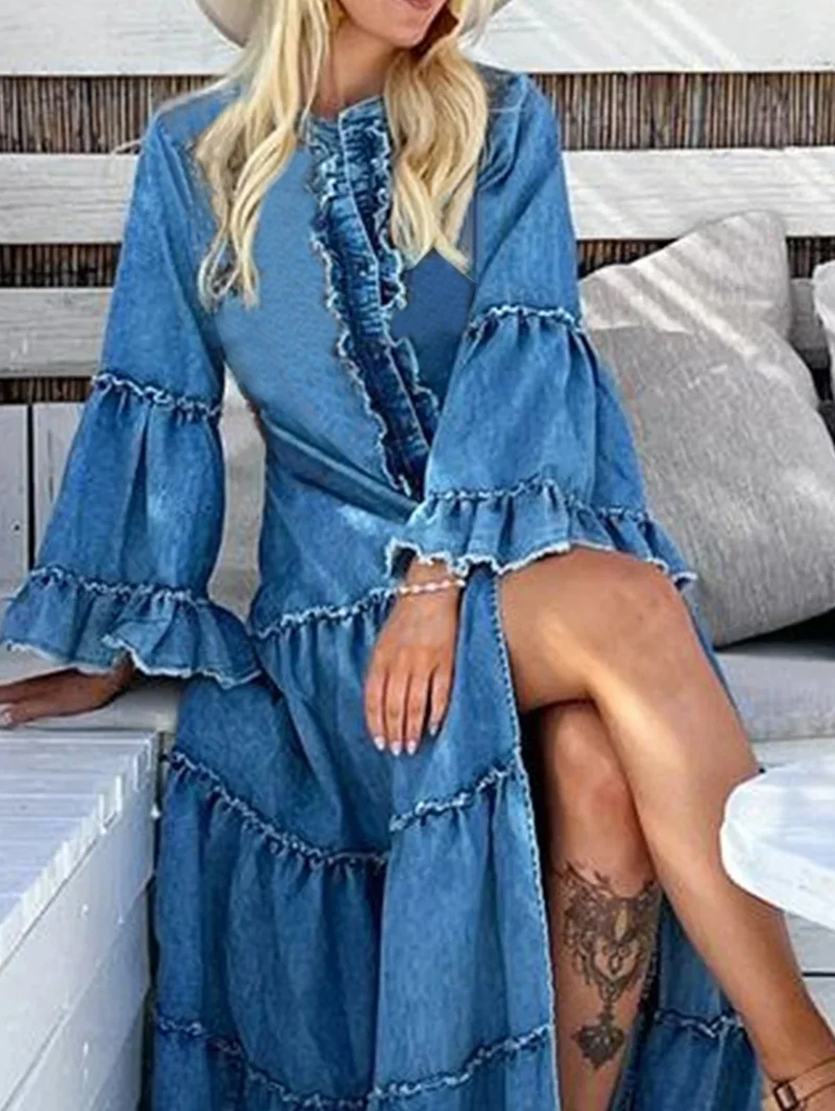 Elegancka sukienka damska Denim Ruffle Flare Sleeve Split Casual Vintage Autumn Fashion Chic Party Club Vacation Kobiece długie sukienki