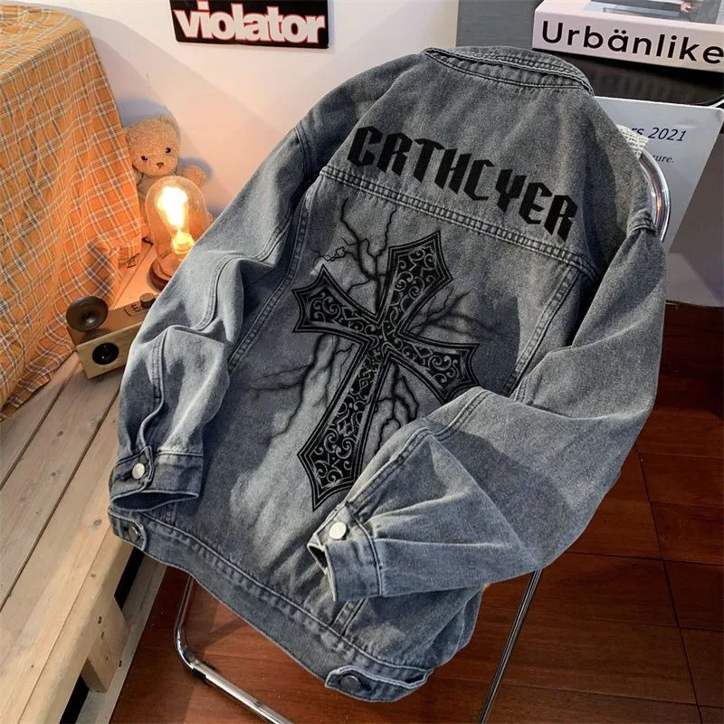 American New Hong Kong Style Cross Printed Denim Jacket Male Y2K Street Fashion Retro Popular Casual Joker Denim Jacket Coat Top