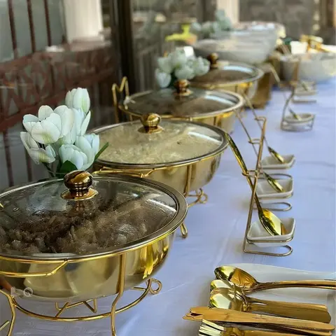 Luxury golden round hot pot, buffet with glass cover, for catering party soup pot, for insulation equipment