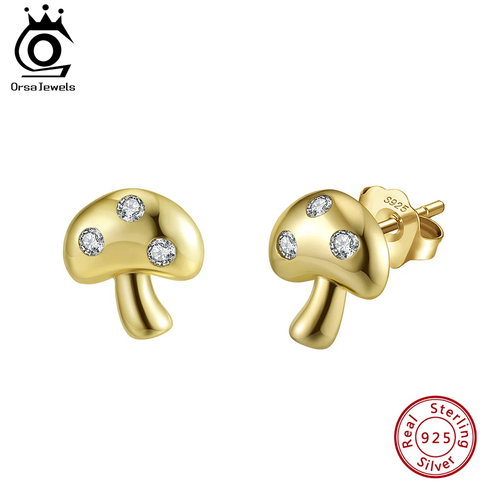 ORSA JEWELS 925 Silver Mushroom Shaped Stud Earrings Small Cubic Zirconia Stud Ear Accessories Girls Ear Bone Jewelry APE144