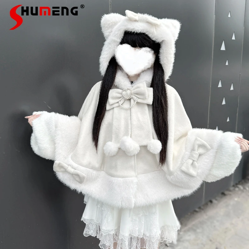 아름다운 로지타 Y2K 판초 대량 생산 20% 울 플리스 안감 만화 귀 케이프 코트 가을 따뜻하고 부드럽고 편안한 여성용 망토