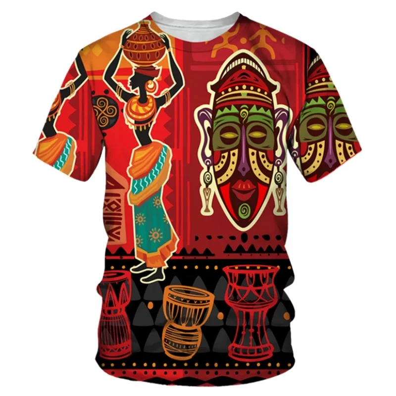 Camiseta de manga curta com padrão de dança africana masculina, tendência retrô, moda lazer diário, estilo esportivo, tops soltos com gola redonda confortáveis