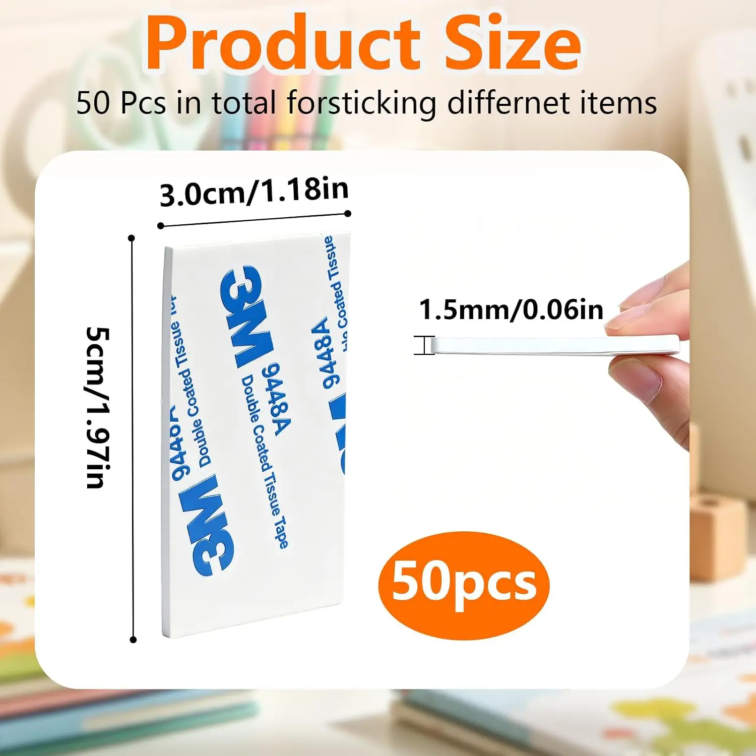 50Pcs Double Sided Sticky Pads Heavy Duty,Rectangle (White)