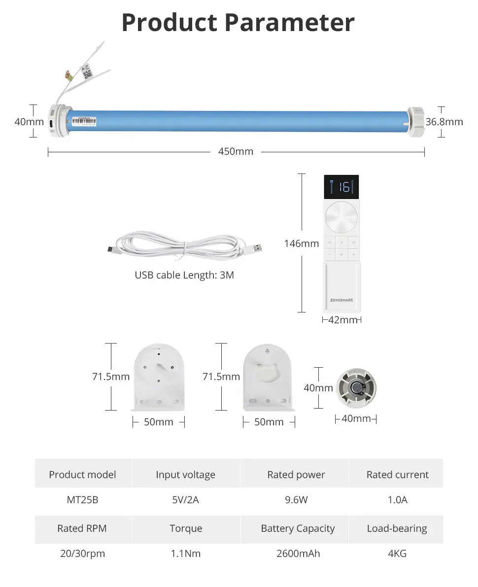 Zemismart Matter Over Thread Smart wiederaufladbarer Rollo-Motor für 38-mm-Rohr Google Home App Smartthings App-Steuerung – Detail 14
