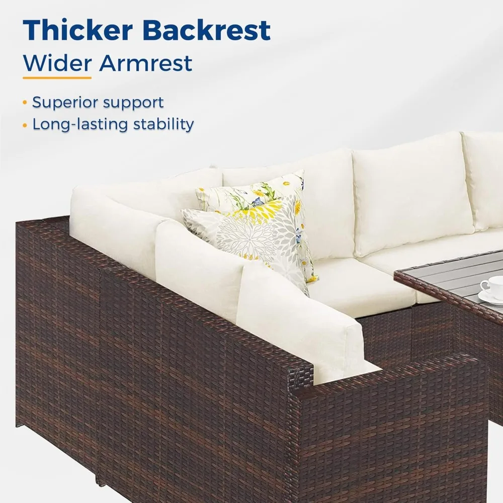 مجموعة أثاث الفناء، أريكة مقطعية لتناول الطعام في الهواء الطلق مع طاولة طعام وكرسي، محادثة من الخيزران لجميع الأحوال الجوية