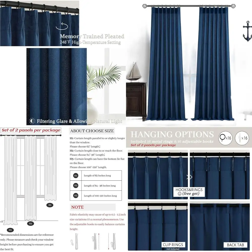 

Modern Navy Blue Pleated Linen Blend Sheer Curtains, 102 Long, 2-Panel Set for Sliding Doors, Memory Pleat with Hooks, 40 Wide