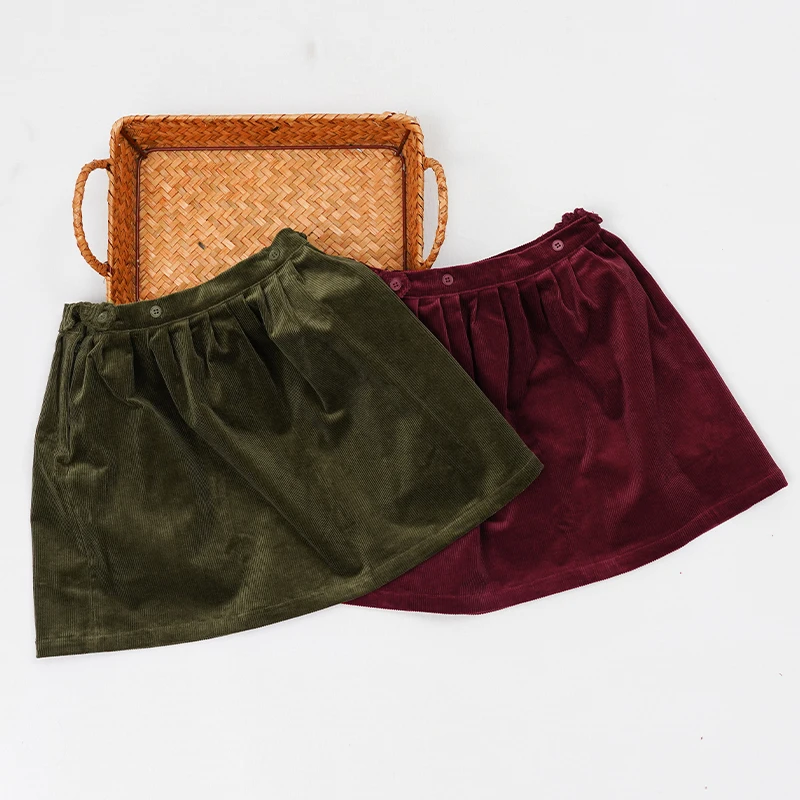 Retro Cord-Minirock mit hoher Taille für Mädchen, Frühlingsneuheit, verstellbare Knöpfe, elastische Taille, locker sitzende Kinderröcke, Mädchen-Winterkleidung – Detail 11