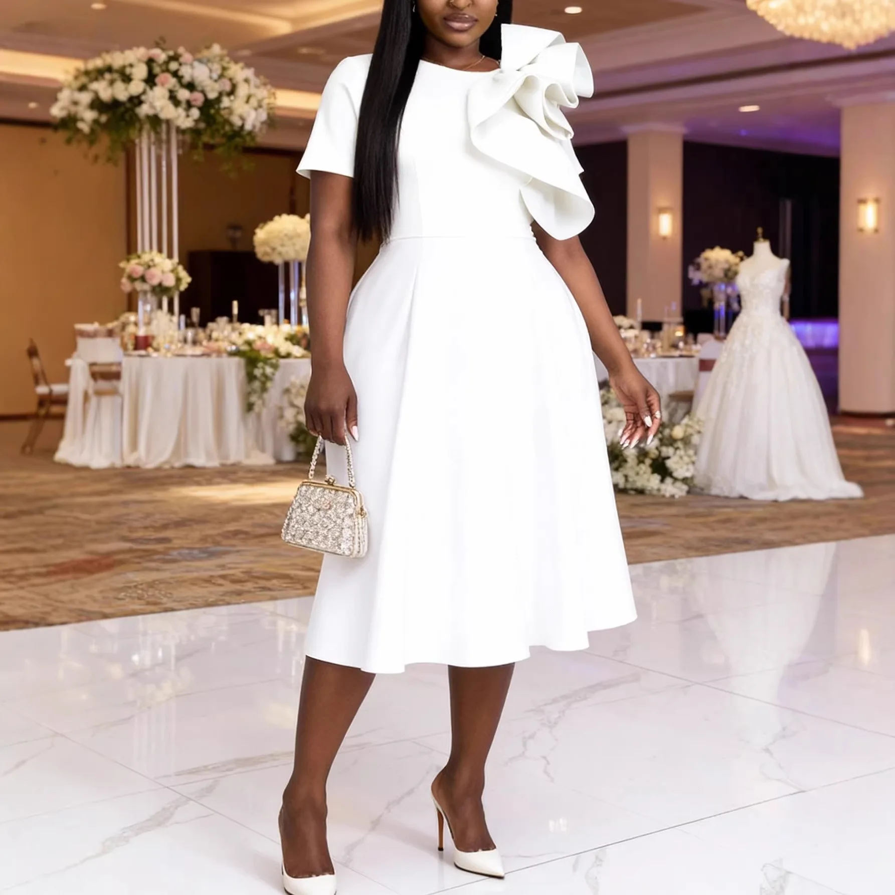 

Plus-size Women's White Dress With Three-dimensional Bow, Short-sleeved, Waist-cinching, Slimming, Elegant Party Dress Y2K