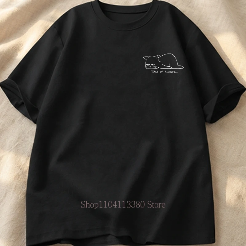 Tired Cat Pattern Print T-Shirt for Women Summer Casual Fashion Minimalist Tops Comfort Crew Neck Short Sleeve Cotton Tees