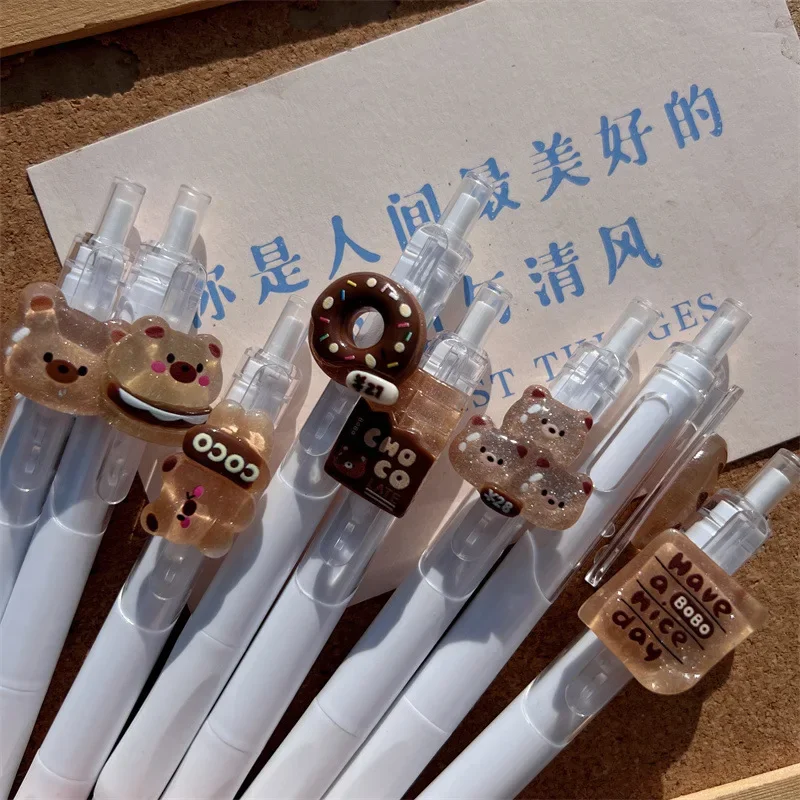 30PCS Cute Brown Style High Quality Neutral Pen Push Type Student Girl Heart Bear Pen Stationary Gel Pens