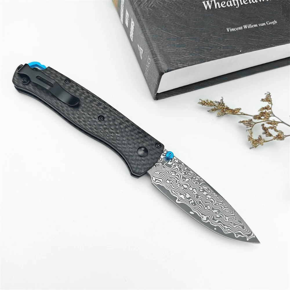 BM 535 Damascus Steel Blade Carbon Fiber Handle Outdoor Tactical Folding Knife for Wilderness Expedition Hiking Hunting Men Gift