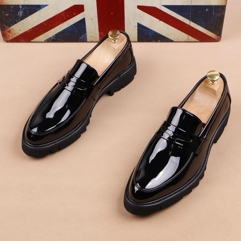 

men casual business shoes office career slip-on driving shoe black patent leather platform loafers gentleman breathable footwear