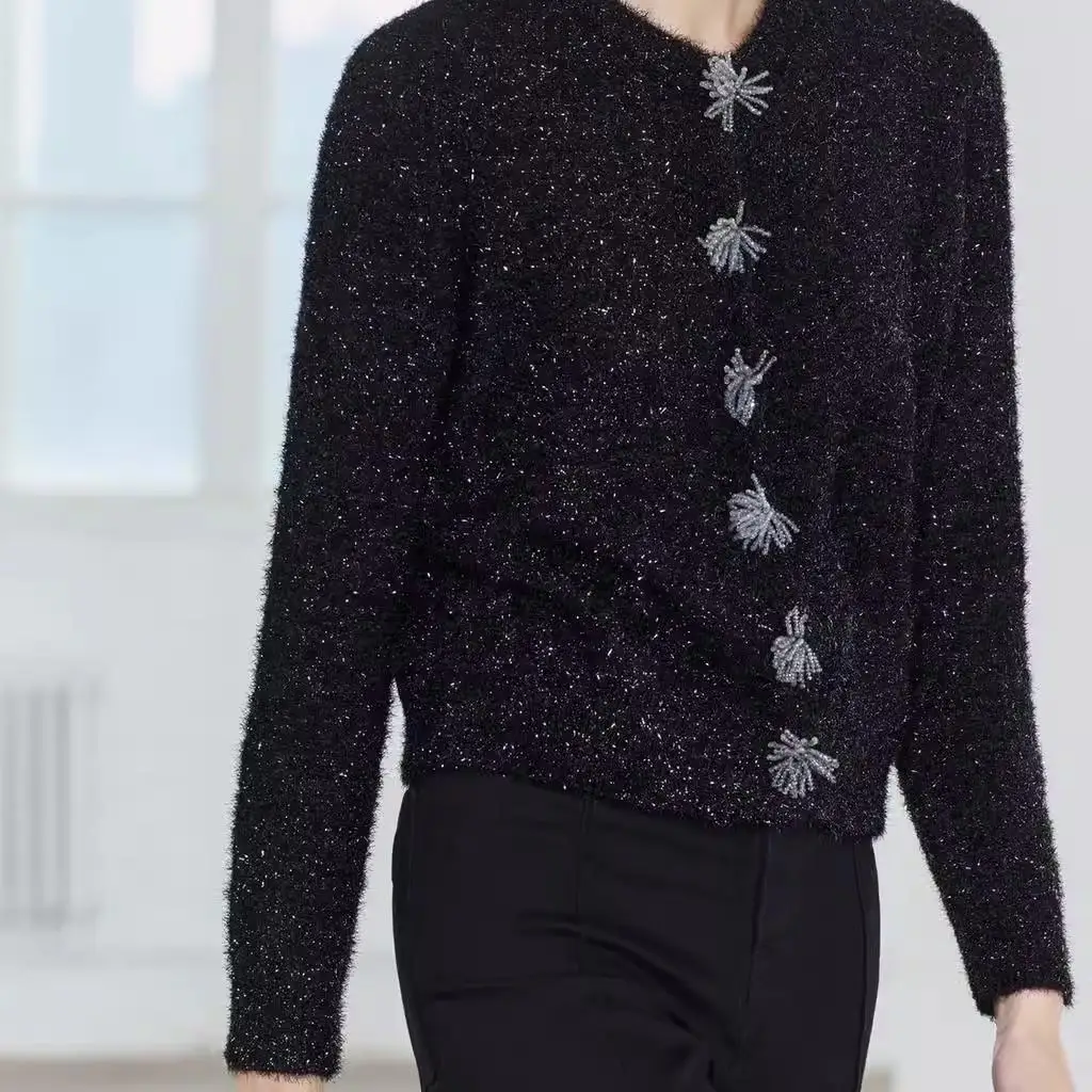 

Faionable Metal Tead Long Sve round Ne Knitted Loose Open Cardigan Women's Sweet Sle Straight Tube Polyester Fiber