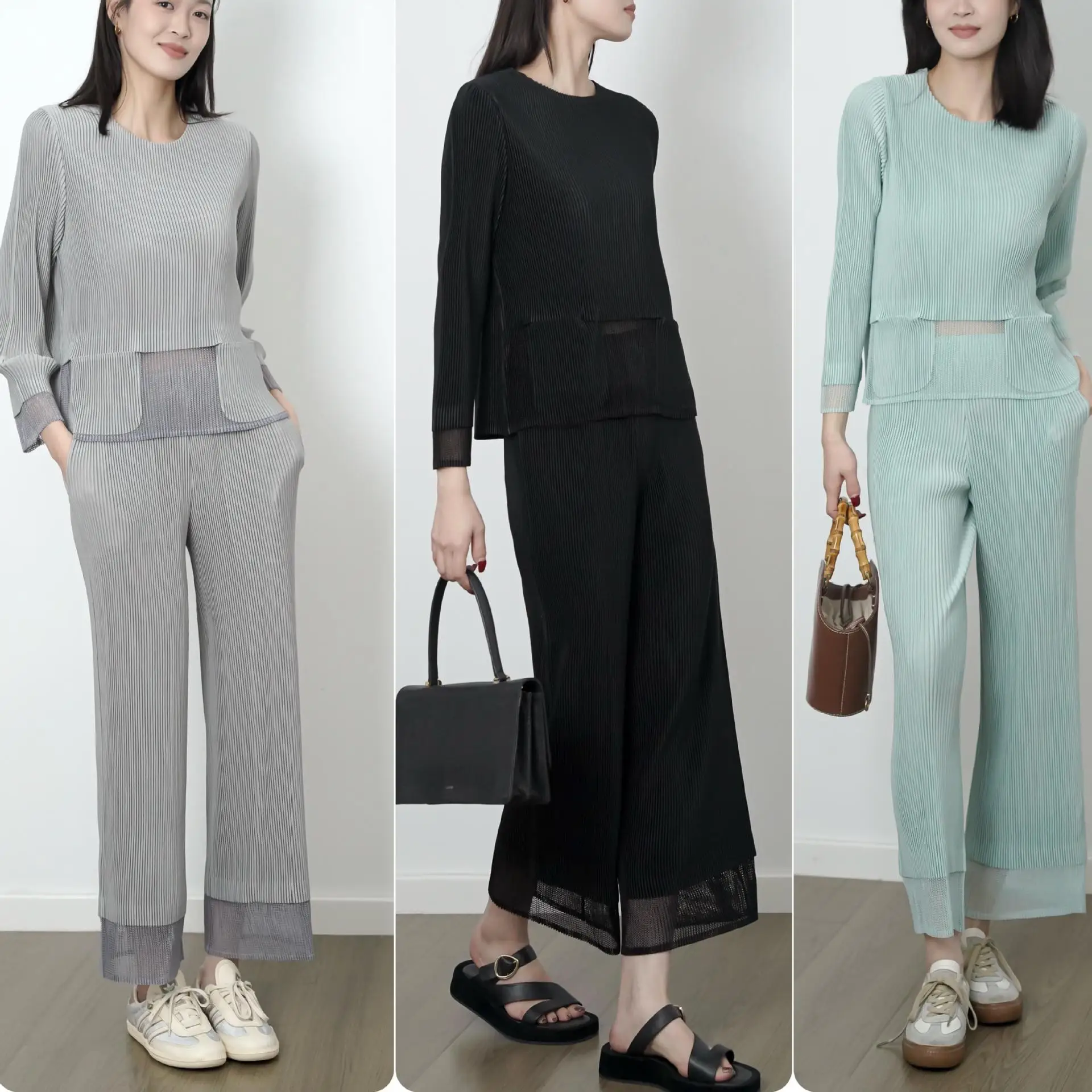 

Miyake Folds 2026 Spring and Summer New Short Round Neck Pullover Top Simple Pleated Splicing Mesh Casual Pants Two-piece Set