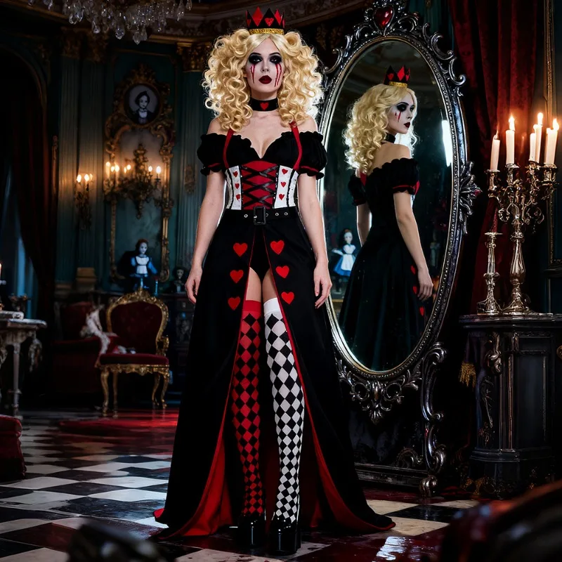 Disfraz de Princesa Corazón Rojo para Fiesta de Halloween Europea y Americana, Aventuras de Alicia en el País de las Maravillas, Vestido de Reina Melocotón Roja