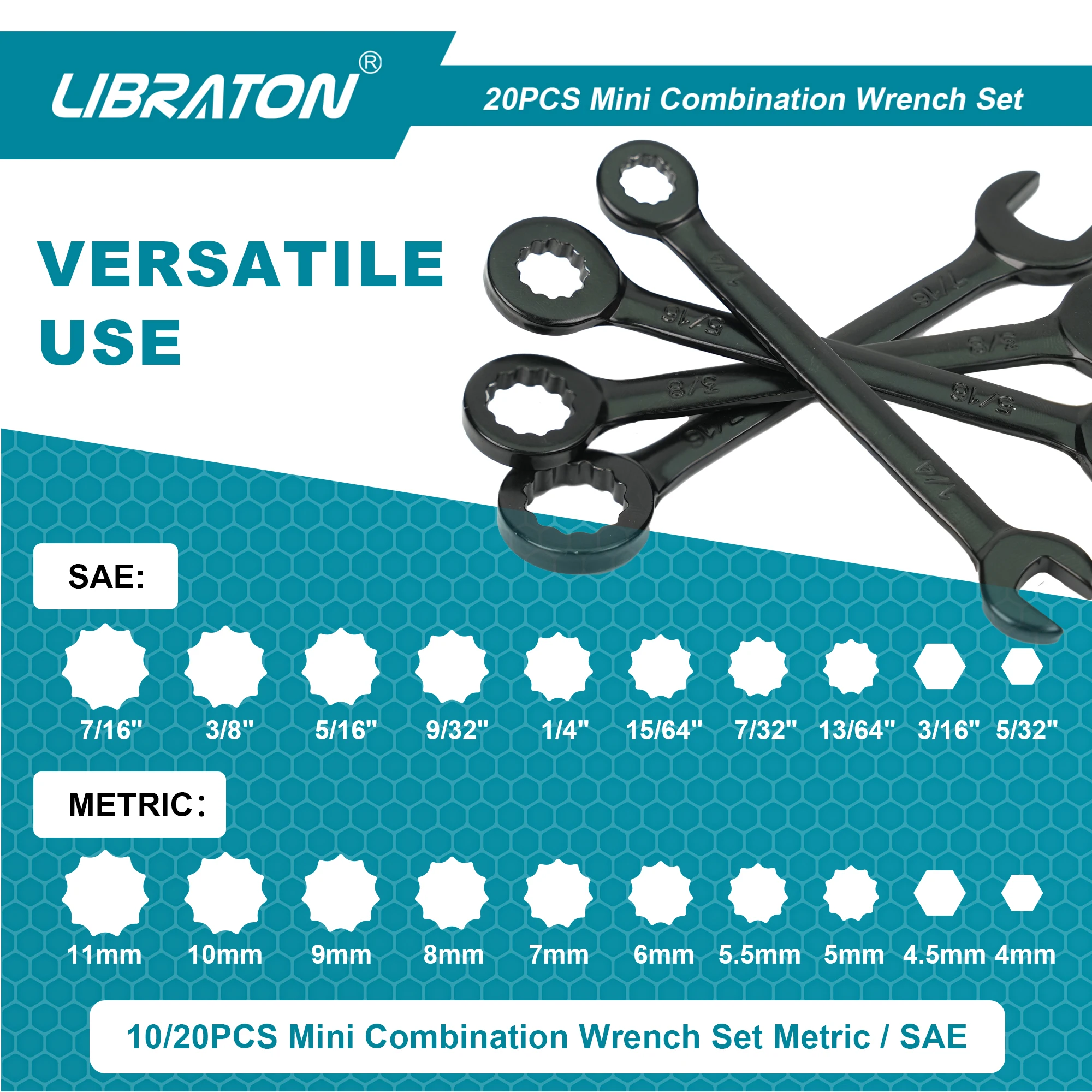 Libraton 10PCS Midget Wrench Set Metric / SAE Mini Combination Wrench Set Small Wrench Set 4-11mm / 5/32\'\' - 7/16\'\'