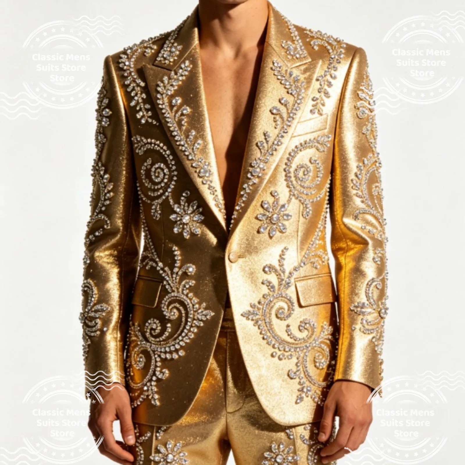 

Elegant Applique Crystal Men Suits Customized Retro Lapel Wedding Groom Tuxedos 2 Pieces Set Male Prom Blazer trajes para hombre