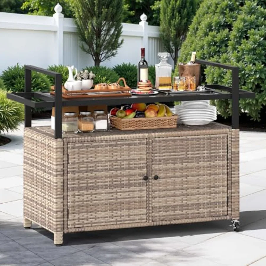 Mueble de Almacenamiento Exterior XL, Mesa de Almacenamiento para Patio con Tapa de Cristal, Mesa de Bar con Ruedas, Carrito de Bar para Patio, Piscina y Jardín
