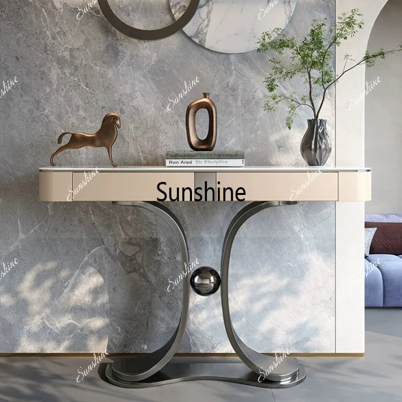 Light luxury entrance table Living room entrance corridor rock slab stainless steel foyer cabinet table