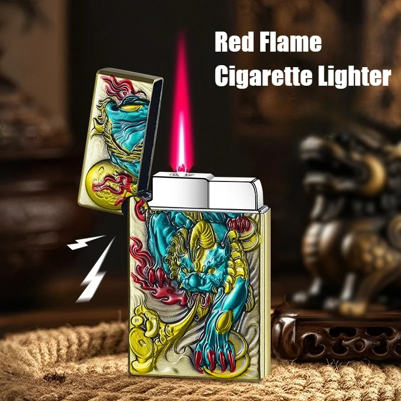 

New Cigar igniter Trendy Red Flame Direct Lighter Spray Painting Relief Windproof Sound Cigarette Lighters & Smoking Accessories