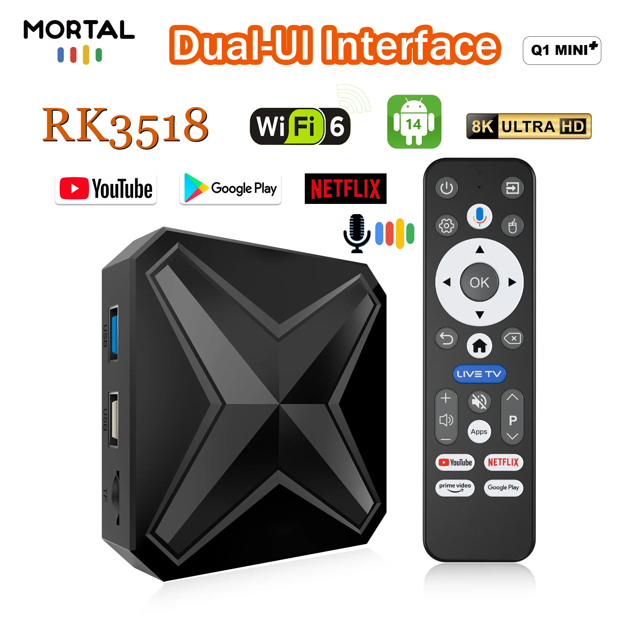 2025 Mortal Q1 MINI + Android Box TV واجهة UI المزدوجة Android 14.0 RK3518 8K Wifi 6 Google Assistant Netflix Smart TV Box