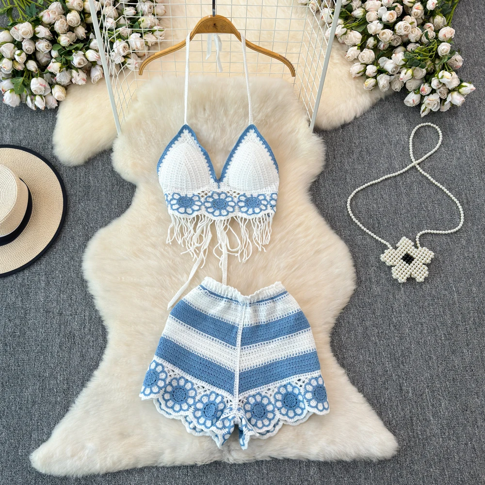 2025 Beach Vacation Knit Women Co-ord Set Crochet Knit Halter Sleeveless Lace Up Camis and Shorts 2pcs Suits Summer Outfit