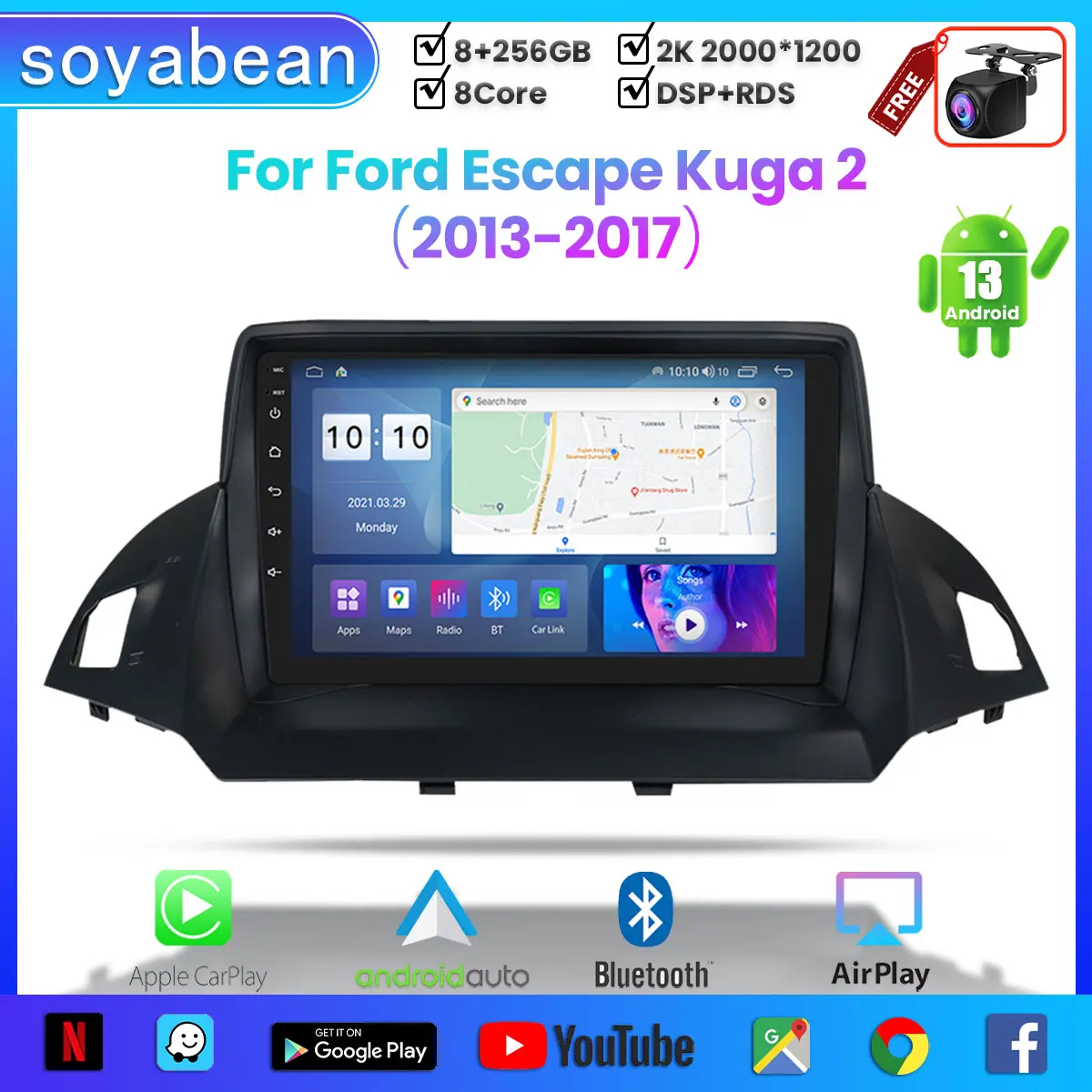 

Android 13 Car Radio for Ford Escape Kuga 2 2013-2017, 9inch 2K Multimedia Player with 4G Car Carplay & 2Din GPS