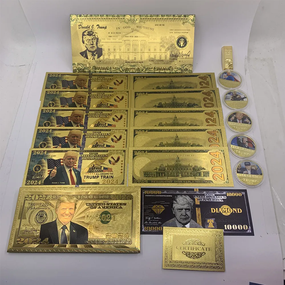 2024 trump Gold banknote+gold Plated bar+gold check