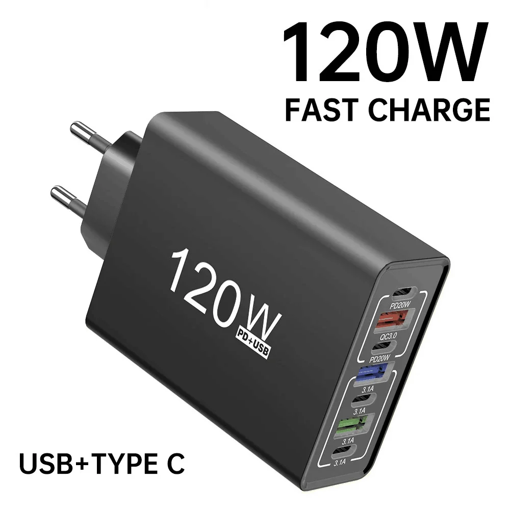 7 in 1 USB C Charger 120W Fast Charging QC3.0 PD Type C Phone Adapter EU/US Plug Wall Charger For iPhone Samsung Xiaomi Huawei
