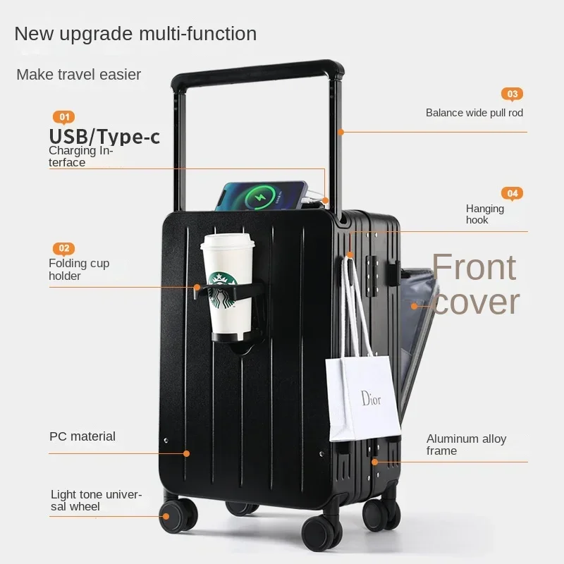 20 24 26 Inch Trolley Suitcase Luggage Universal Wheels Front Open Business Travel Rechargeable Boarding Aluminum Frame Box