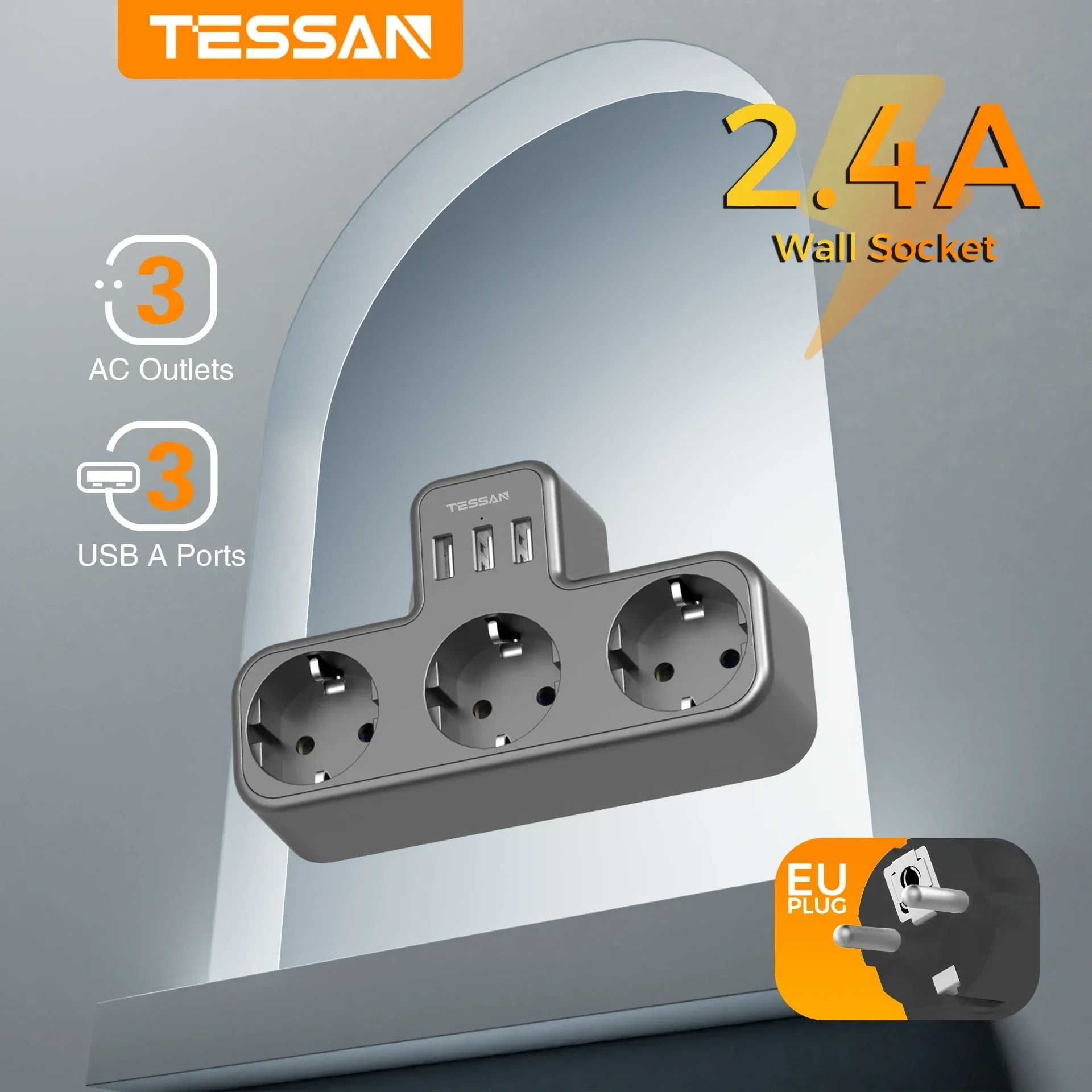 TESSAN Black EU Plug Wall Socket Extender with 3 AC Outlets and 3 USB Ports Power Adapter Overload Protection for Home/Office