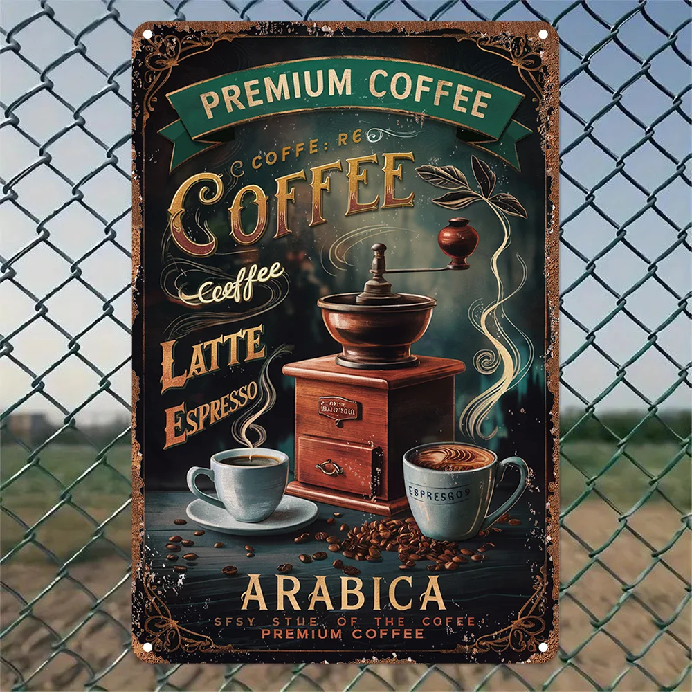 2D Vintage Metal Coffee Art Sign - Premium Arabica Espresso & Latte Wall Decor with Espresso Machine & Coffee Beans Illustration