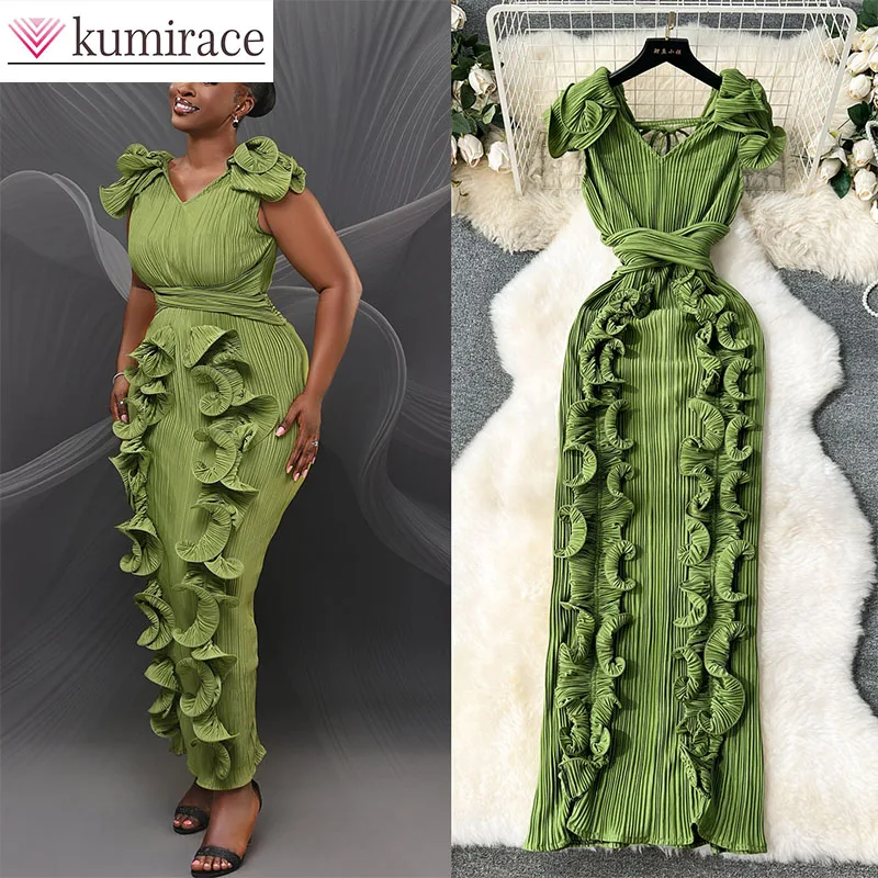 

High end pleated three-dimensional ruffle edge slim fit long style dress with elegant temperament, women's birthday party dress