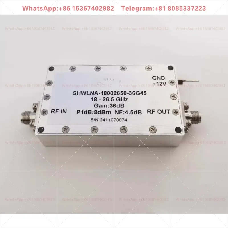 K-Band RF Low Noise Amplifier, 18-26.5GHz Frequency, 36dB Gain, 4.5dB NF, 8dBm P1dB for Microwave  Frequency Circuitry