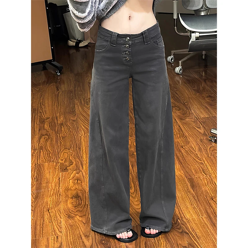Vrouwen Vintage Button Design Jeans Amerikaanse Retro Streetwear Denim Broek Y2K Casual Losse Harajuku 2000s Wude Leg Broek