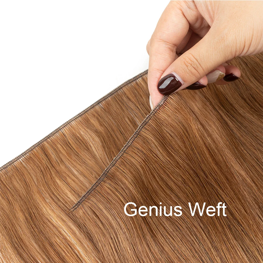 ตรงสีน้ําตาลไม่มีรอยต่อ Genius Weft ต่อผมมนุษย์เย็บ 12-20 นิ้วผมมนุษย์ธรรมชาติผมสีบลอนด์สีดํา Weft