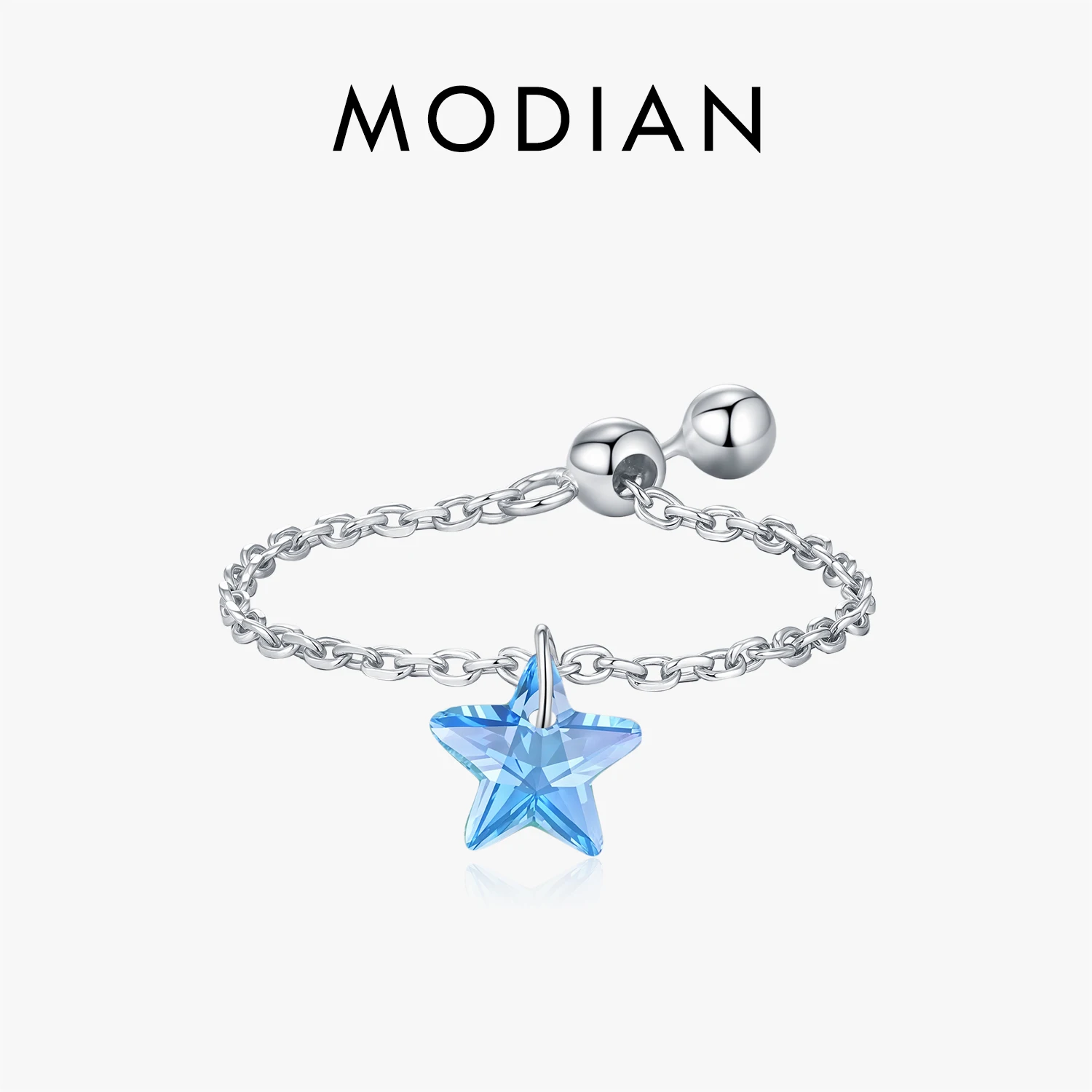 MODIAN 925 Sterling Silver Trendy Blue Star Cubic Zirconia Charming Link Chain Adjustable Finger Rings For Women Jewelry