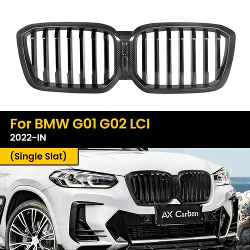 リアルドライカーボンファイバーレーシンググリル BMW G01 G02 LCI 2022-IN シングルスラットフロントバンパー腎臓フードグリル
