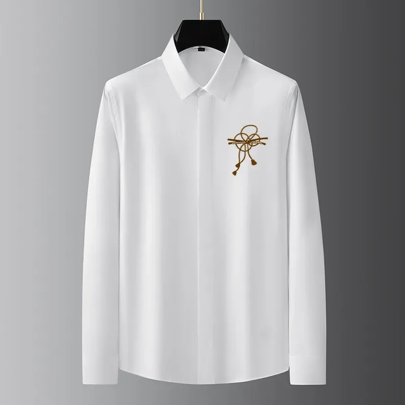 Fashionable men's slim fit Tencel cotton non ironing fashionable business bow embroidered long sleeved men's shirt