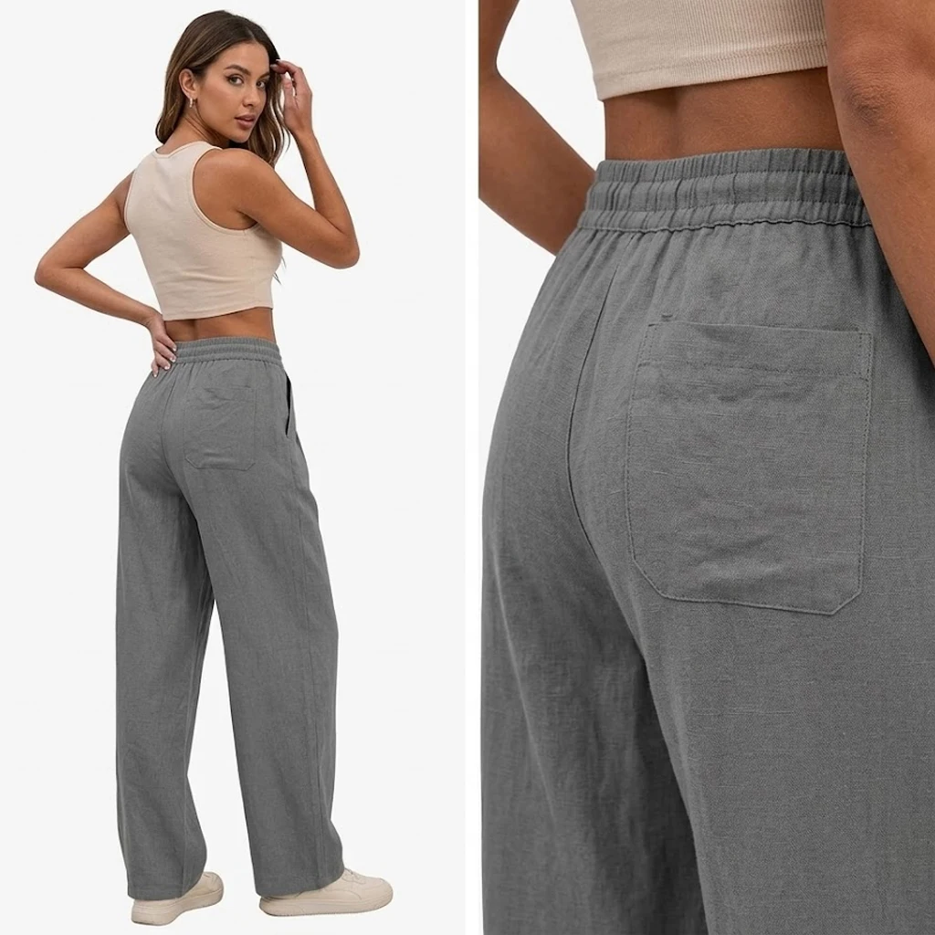 Neue Damen-Baumwollhose mit weitem Bein, lässige, lockere, hochtaillierte lange Hose, weiche Jogginghose, Baggy-Sweatpants mit Kordelzug für Sport. – Detail 9