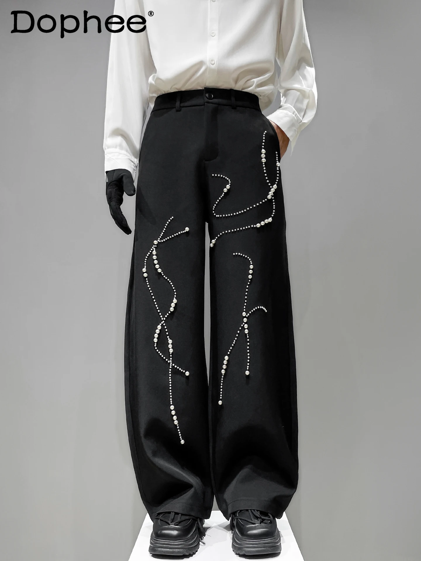 Japanese Original Fashion Trendy Design Pearl Beaded Black Trousers Stylish Men's Loose Straight Wide-Leg Casual Long Pants