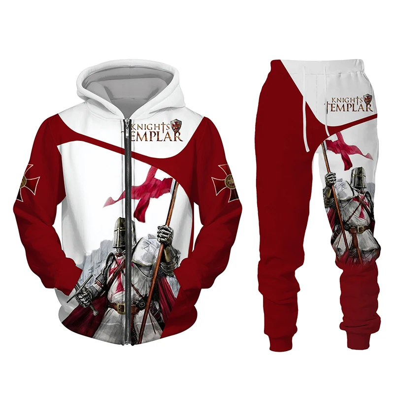 Knights Templar 3D Print Men's Zipper Tracksuit Set Casual Hoodie+Pants 2pcs Set Oversized Zipper Streetwear Fashion Men Clothes