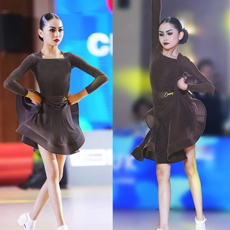 Brown Latin Dance Suit Latin Professional Competition Dance Dress ChaCha Rumba Dance Wear Velvet Long Sleeve Bodysuit Skirt 1360