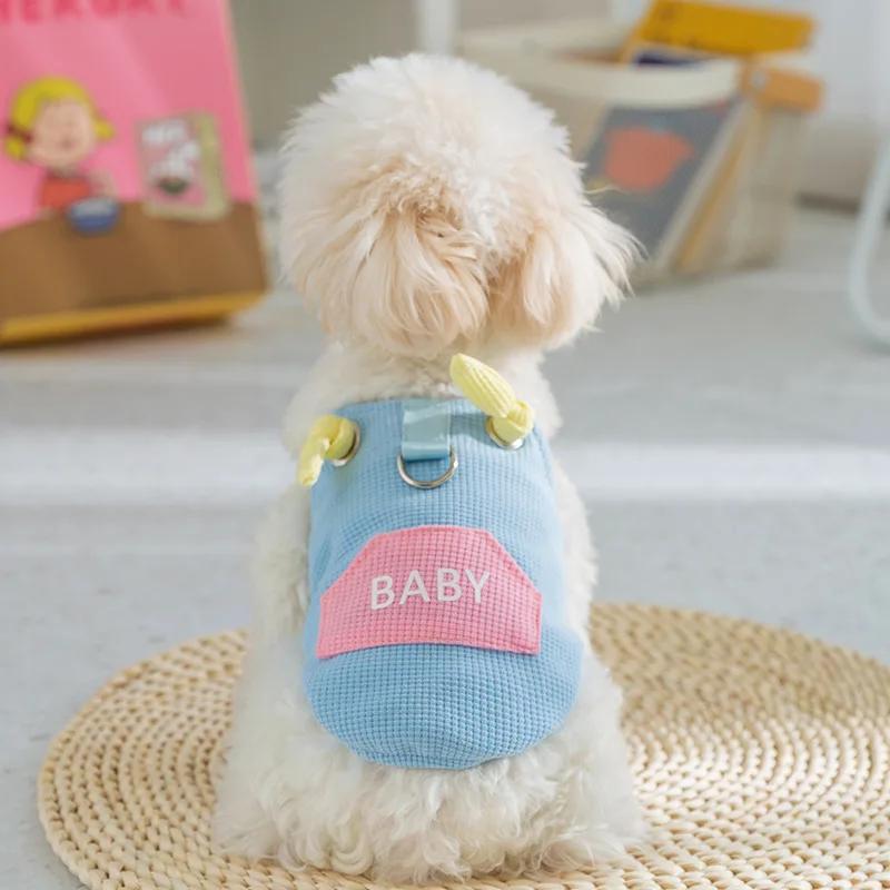 Spring/Summer Dog Ice Cream Color Pocket Baby Traction Strap Small Medium Dogs Waffle Top Teddy Pet Dog Clothes Puppy Clothes