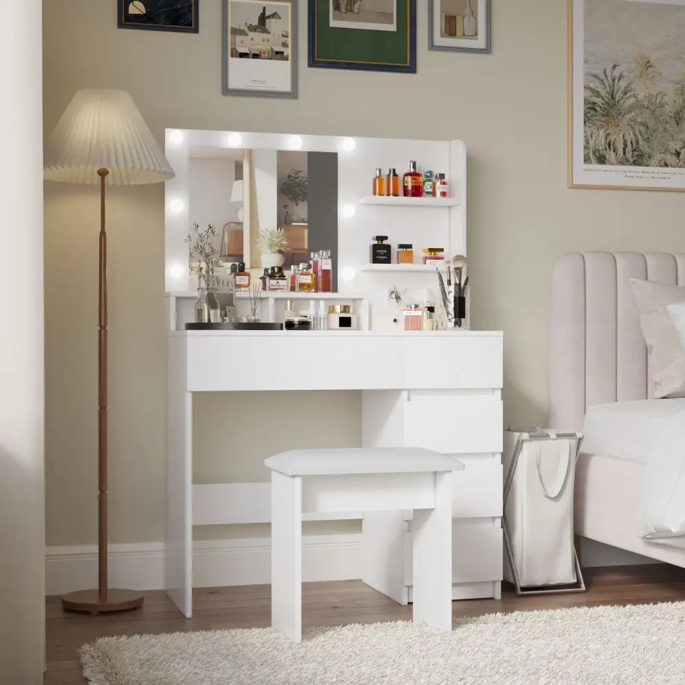Vanity, Makeup Vanity Desk Set with Mirror & Light, Dressing Table Storage Lots with Power Strip, 3 Lighting Modes