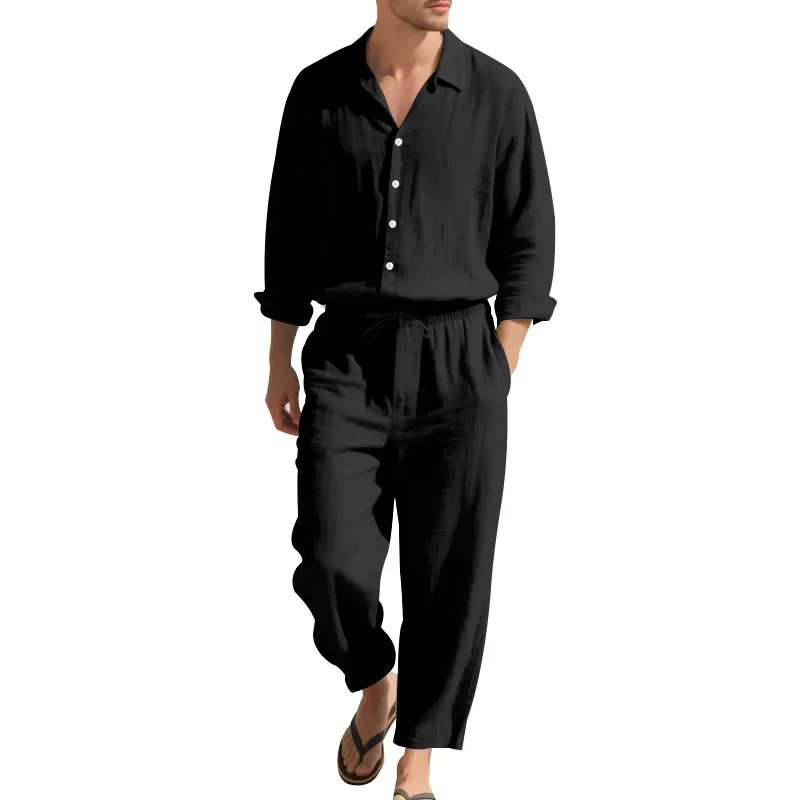 New Men  Casual Suit Set Spring Autumn Fashionable Linen Long Sleeved Shirts and Pants Two-piece Set Cardigan Beach Menswear