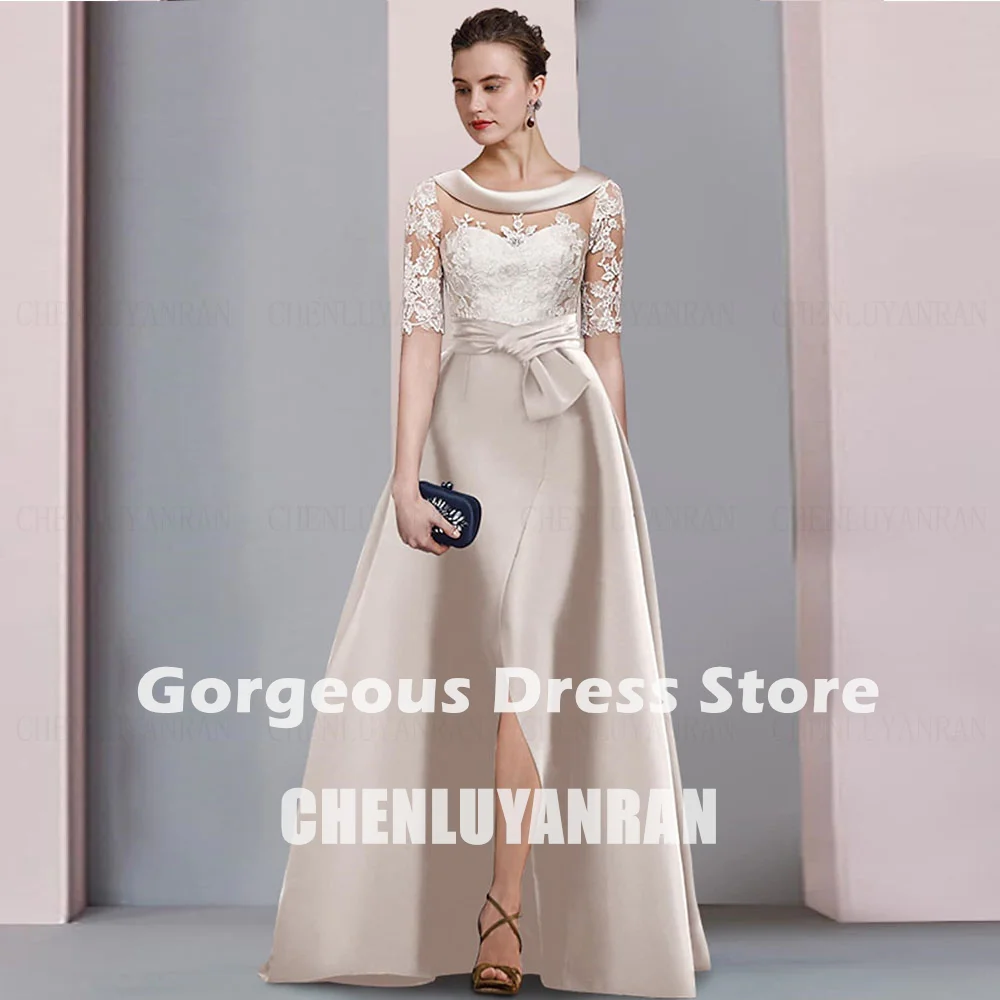 Long Mother of the Bride Dresses 2023 O-Neck Applique Satin Wedding Party Gowns Backless Side Split Sexy Elegant Dress For Women