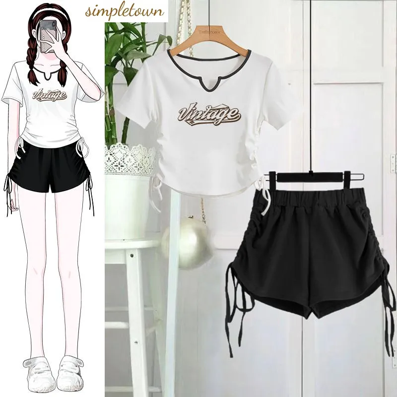 Women's Set 2023 Spring/summer New Niche Fashion Design Drawstring Short Top+slim Casual Shorts Two-piece Set