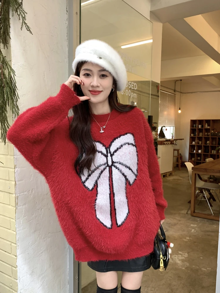 Lazy Style Winter Elegant Knitting Sweater Sweety Girly O-Neck Cute Bow Christmas Pullovers Full Sleeve Loose Thickening Sweater