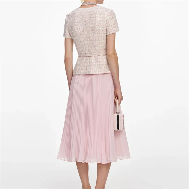Summer New Women's round Neck Diamond Button Glitter Knitted Short Sleeve Dress High Quality Fashion Fake Two-Piece Long Skirt